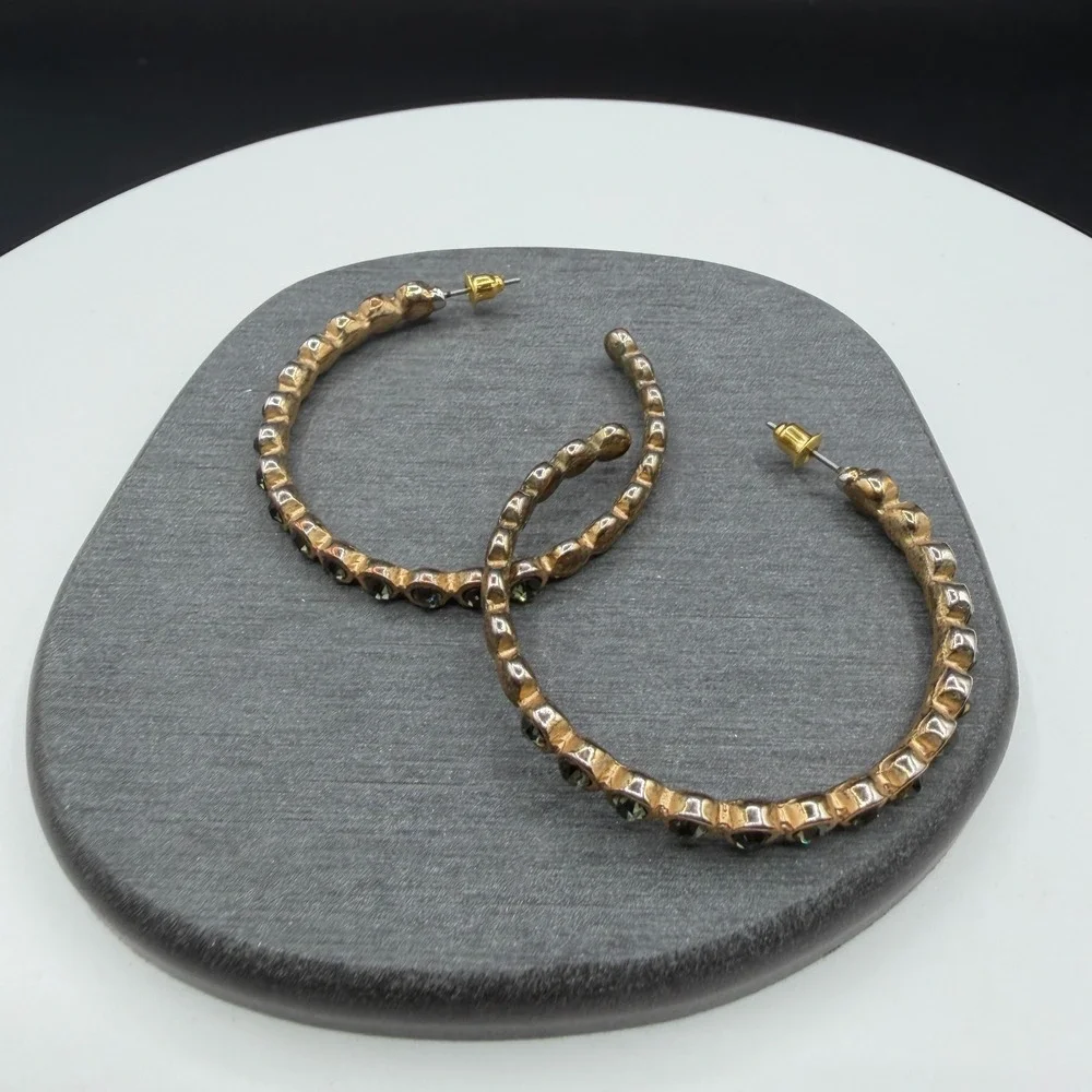 Gold Tone Smoky Gray Rhinestone Large Hoop Earrings Statement Costume Jewelry